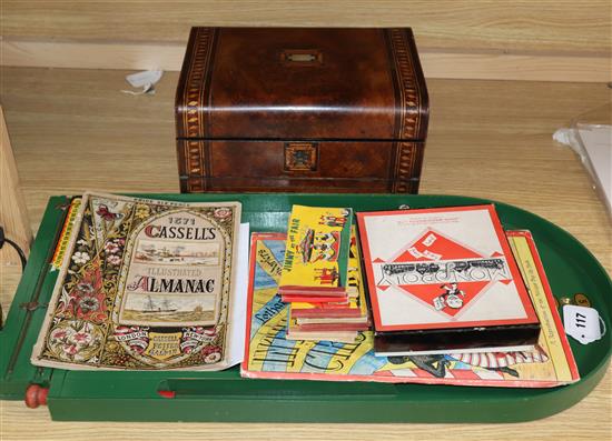An old Monopoly box (board missing) and an inlaid box, etc.